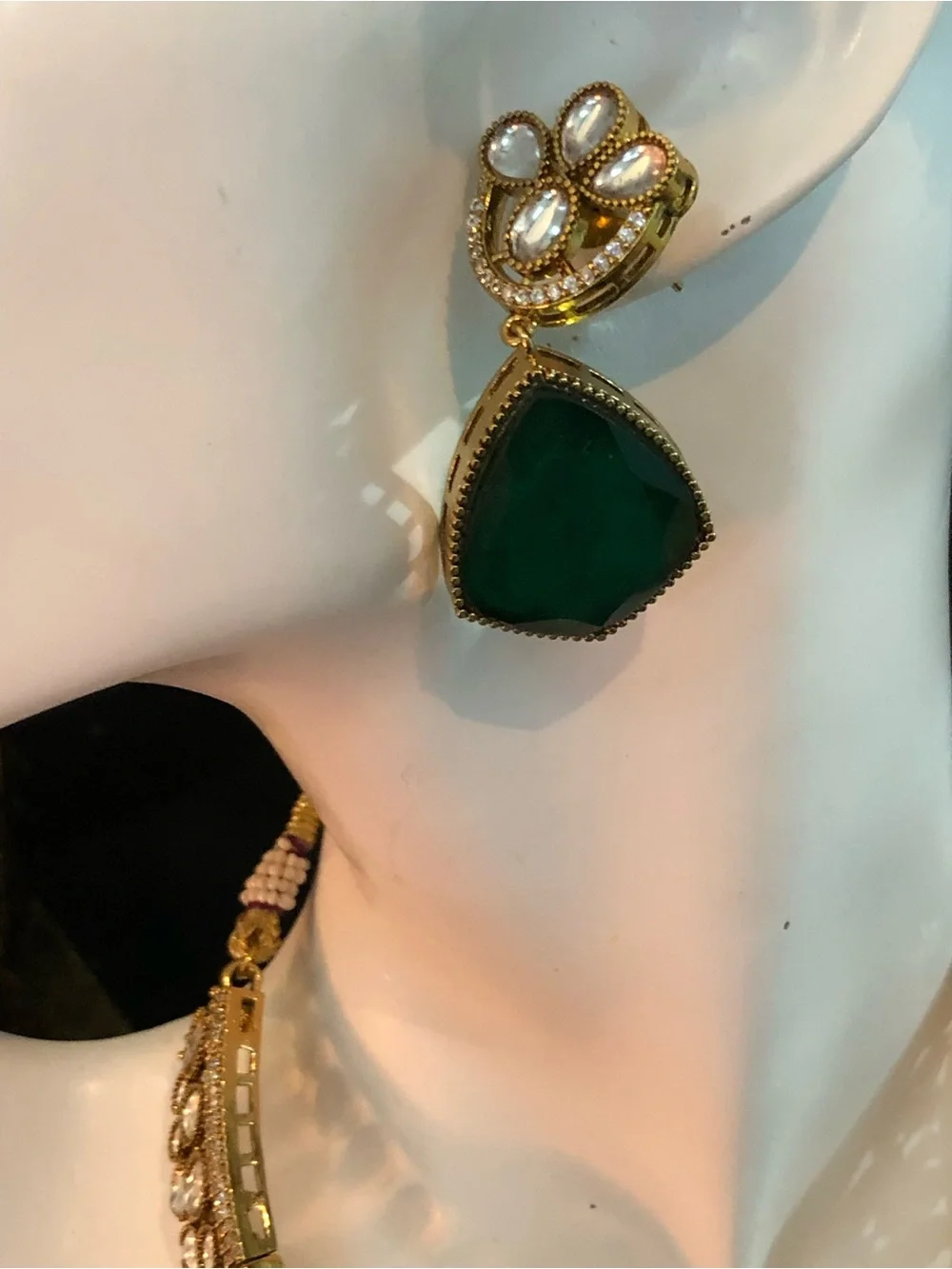 MIDEASTERN, EGYPTIAN Teardrop EMERALD Gold-Tone Necklace Pendant